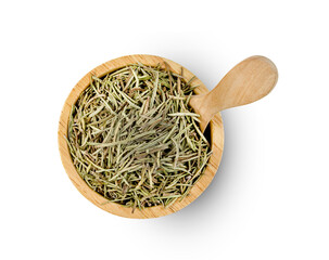 Wall Mural - Dry rosemary in wooden bowl and spoon isolated on white background ,include clipping path