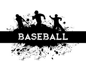Wall Mural - Baseball sport player with bat and ball vector black silhouettes. Baseball team catcher, batter, pitcher and runner pitching, hitting and catching, banner with players, paint splatters and splashes