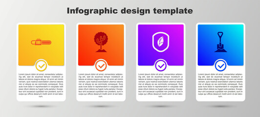 Canvas Print - Set Chainsaw, Tree, Shield with leaf and Shovel the ground. Business infographic template. Vector.