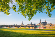 Elbe Embankment Overlooking The Famous Palace Georgenbau. Location Place Of Dresden, Germany, Europe.
