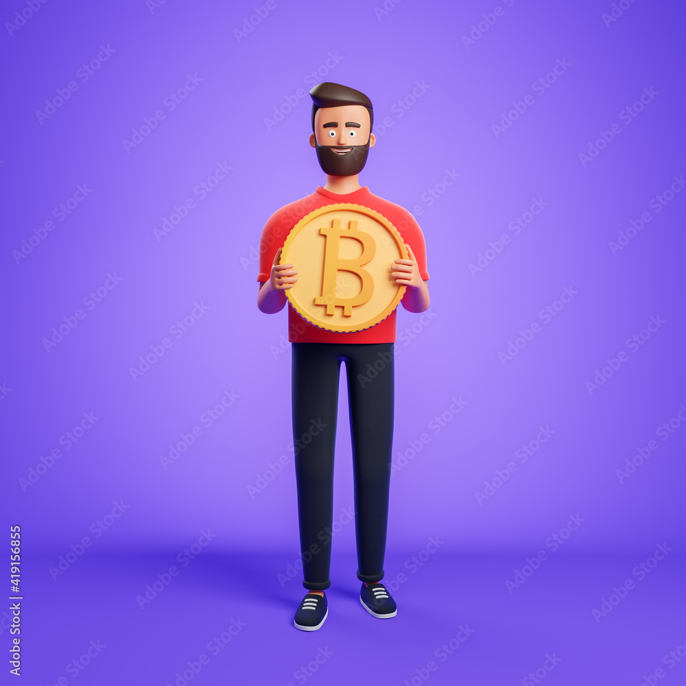 Handsome beard cartoon character man in red shirt holding bitcoin over  purple background. Blockchain and cryptocurrency investment concept. Stock  Illustration | Adobe Stock
