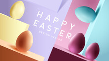 Pastel Coloured Easter Eggs Layout Design With Copy Space, Holiday Background Vector Illustration.