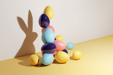 Wall Mural - Abstract Spring Easter concept. A bunch of decorated easter eggs casting a shadow in the shape of a rabbit. 3D illustration concept.