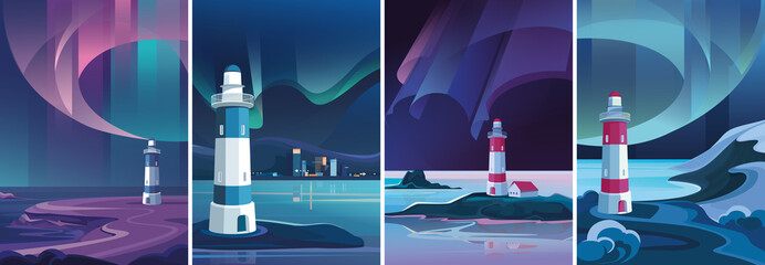Wall Mural - lighthouses in the background of aurora borealis. collection of northern landscapes.