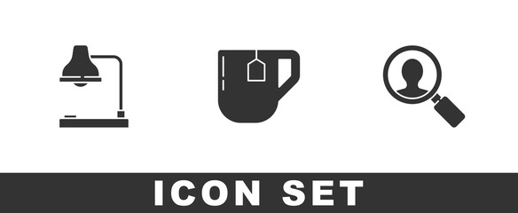 Canvas Print - Set Table lamp, Cup of tea with tea bag and Magnifying glass for search people icon. Vector.