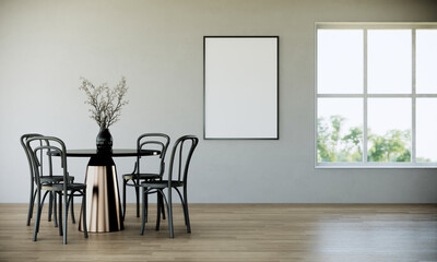 Wall Mural - vertical picture frame mock up in modern dinning room interior design with black chairs, round dining table, window, wooden floor and white wall, 3d rendering	
