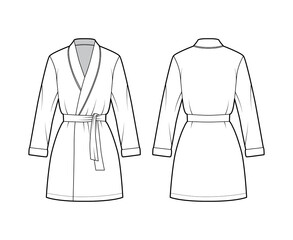 Sticker - Bathrobe Dressing gown technical fashion illustration with wrap opening, mini length, oversized, tie, long sleeves. Flat garment apparel front back, white color style. Women, men unisex CAD mockup