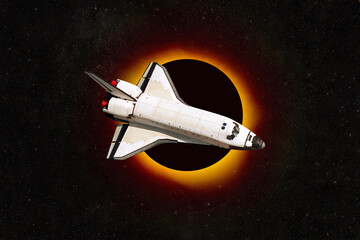 Wall Mural - space rocket will fly into outer space with a total eclipse of the red planet mars with a bright ora