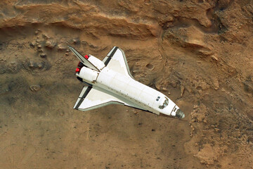 Wall Mural - spaceship flies over mars landscape with craters, mountains and desert, top view. space mission trav