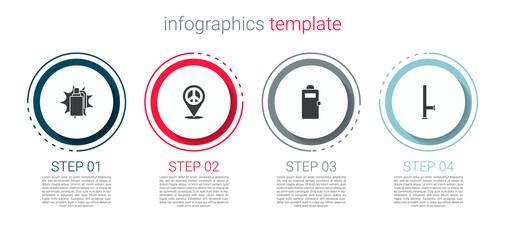 Sticker - Set Hand grenade, Location peace, Police assault shield and rubber baton. Business infographic template. Vector.