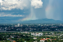View Of Chiangmai City With Cloud And Rain In The Sky From Wat Phra That Doi Kham 