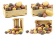 yellow, red and purple potatoes in a wooden crate on a white background