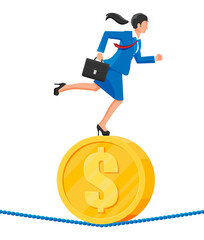 Wall Mural - Businesswoman on coin walking on rope with suitcase. Business woman walking on tightrope gap. Obstacle on road, financial crisis. Risk management challenge. Vector illustration in flat style