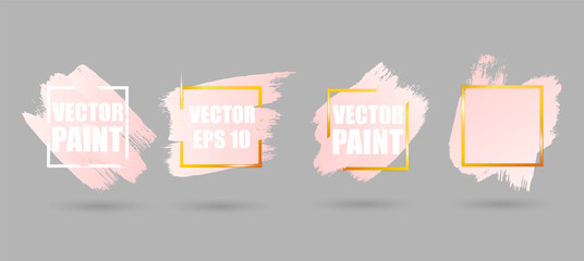 Poster - Pastel pink brush strokes set with round, square and rectangle golden frames isolated on white background. Vector design elements