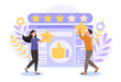 © Rudzhan - People give review rating and feedback. Flat abstract cartoon vector illustration concept. Customer choice. Know your client. Rank rating stars feedback. Business satisfaction support.