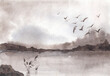 Lake or river landscape with water scene, sky and seagulls. Hand drawn watercolors on paper textures