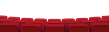 Rows Of Theater Movie Or Cinema Seats Isolated On White. Vector Blank Screen, Red Velvet Chairs In Conference Hall, Opera Or Auditorium. Premier Showtime Comfortable Seating, Entertainment Performance