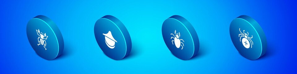 Poster - Set Isometric Beetle deer, , Spider and Beekeeper hat icon. Vector.