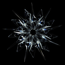 3d Render Of Abstract Art Of Surreal Alien Star, Sun Or Snow Flake Flower Or Mandala Symbol In Curve Round Wavy Biological Fractal Lines Forms In Liquid Ice Glass Material On Isolated Black Background