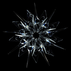 3d render of abstract art of surreal alien star, sun or snow flake flower or mandala symbol in curve round wavy biological fractal lines forms in liquid ice glass material on isolated black background