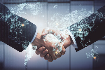 Double exposure of social network theme hologram and handshake of two men.