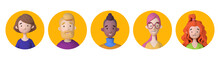 Young Men And Women Faces And Shoulders Avatars On A Yellow Background. Trendy 3d Illustration Icons Set.