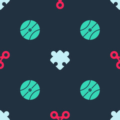 Poster - Set Fidget spinner, Puzzle pieces toy and Basketball ball on seamless pattern. Vector.