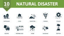 Natural Disaster Icon Set. Contains Editable Icons Natural Disaster Theme Such As Flood, Tornado, Wildfire And More.