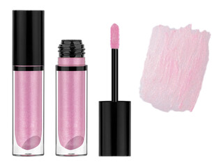 Wall Mural - Pink lip gloss with metallic glitter particles, glass container with black lid, brush and smeared samples, isolated on white background, clipping path