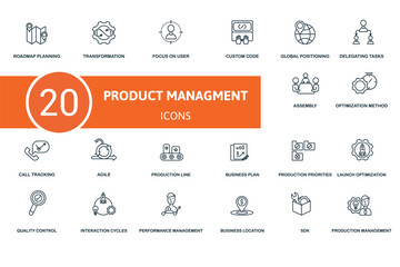 Production Management icon set. Contains editable icons production management theme such as transformation, custom code, delegating tasks and more.