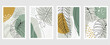 Set of vector hand drawn artistic summer postcards with tropical palm leaves, organic shapes and textures.