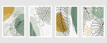 Set Of Vector Hand Drawn Artistic Summer Postcards With Tropical Palm Leaves, Organic Shapes And Textures.