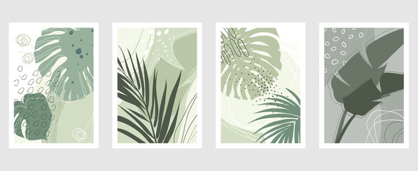 Set of vector hand drawn artistic summer postcards with tropical palm leaves, organic shapes and textures.