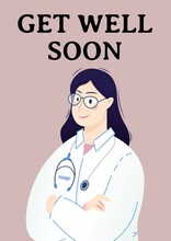 Get Well Soon Text With Illustration Of Female Doctor On Pink Background