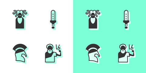 Set Zeus, Medusa Gorgon, Greek helmet and Medieval sword icon. Vector.