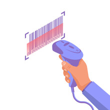 The Operator Holds A Barcode Scanner Hand. Scanning Barcode. Equipment For Accounting Of Goods. Vector Illustration Isometric Design. Product Identification.
