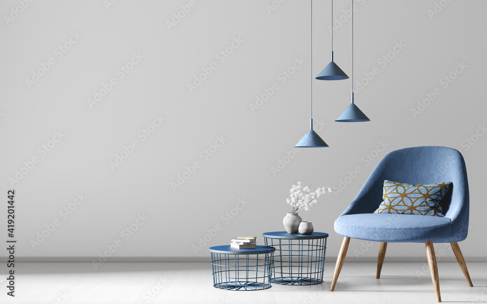 Interior of modern living room with blue armchair and coffee tables. Home design. 3d rendering - obrazy, fototapety, plakaty 