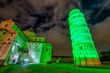 Sticker - Field of Miracles illuminated on St Patrick's Day, Pisa Leaning Tower, Tuscany - Italy