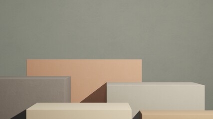 Minimal abstract podium mock up design for product presentation background or branding concept with grey, green, brown, earth tones, pastel cube boxes, elegant, 3D render, 3D illustration, Rendering.