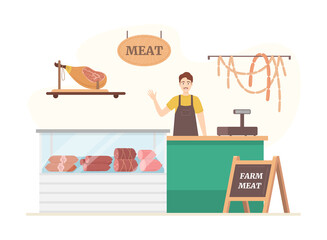 Sticker - Cartoon Color Character Person Male and Meat Store Concept. Vector