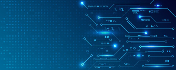 Hi-tech computer digital technology concept. Abstract technology communication vector illustration. Wide Blue background with various technological elements.