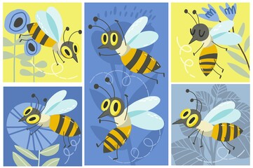 Vector Hand Drawn Cute Set of Adorable Bees. Fun illustrations in trendy style and color palette. 