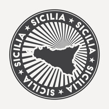 Sicilia Round Logo. Vintage Travel Badge With The Circular Name And Map Of Island, Vector Illustration. Can Be Used As Insignia, Logotype, Label, Sticker Or Badge Of The Sicilia.