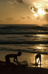 Poster - USA, Hawaii, Kauai, southwest coast, near Waimea below Russian Fort Elizabeth, children playing in the sand.