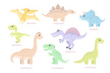 Fototapeta  - Set of cartoon funny dinosaurs isolated. Simple flat vector illustration of cute animals.Stegosaurus, Brachiosaurus, Pteranodon, Velociraptor, Tyrannosaurus, Triceratops, Brontosaurus, Spinosaurus.