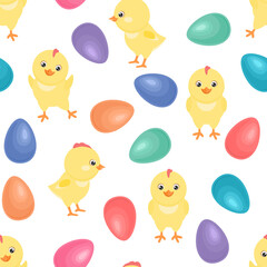 Wall Mural - Easter background. Colored eggs and funny cute yellow baby chicks seamless pattern. Vector holiday illustration in cartoon flat style.