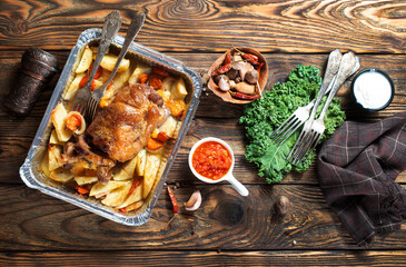 Canvas Print - baked meat with potato