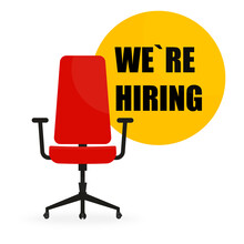 Job Vacancy Banner Or Poster Design With Office Chair For Designation For We're Hiring Concept. Vector Illustration.