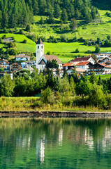 Poster - Church at Graun im Vinschgau or Curon Venosta, a town on Lake Reschen in South Tyrol, Italian Alps