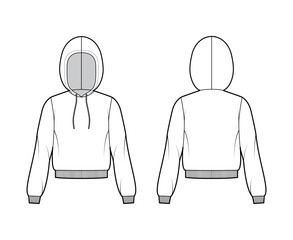Wall Mural - Hoody sweatshirt technical fashion illustration with long sleeves, relax body, knit rib cuff, banded hem, drawstring. Flat apparel template front, back, white color. Women, men, unisex CAD mockup
